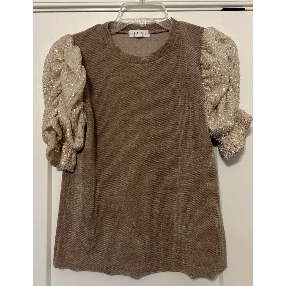 THML Brown Knit Top with Puff Gold Sparkle Sleeves - Picture 2 of 11